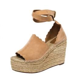 Pre Owned Chloe Beige Suede Scalloped Trim Lauren Ankle Wrap Espadrille Platform Wedge Sandals Size 38