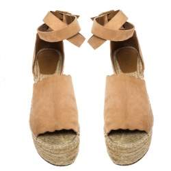 Pre Owned Chloe Beige Suede Scalloped Trim Lauren Ankle Wrap Espadrille Platform Wedge Sandals Size 38