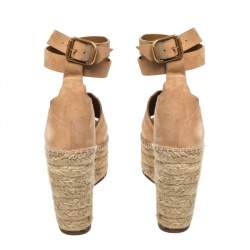 Pre Owned Chloe Beige Suede Scalloped Trim Lauren Ankle Wrap Espadrille Platform Wedge Sandals Size 38