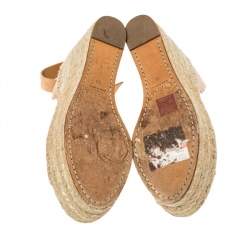 Pre Owned Chloe Beige Suede Scalloped Trim Lauren Ankle Wrap Espadrille Platform Wedge Sandals Size 38