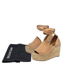 Pre Owned Chloe Beige Suede Scalloped Trim Lauren Ankle Wrap Espadrille Platform Wedge Sandals Size 38