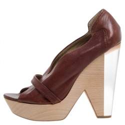 Chloe Brown Leather Lucite And Wood Chunky Heel Platform Peep Toe Pumps Size 37