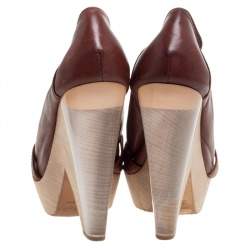 Chloe Brown Leather Lucite And Wood Chunky Heel Platform Peep Toe Pumps Size 37