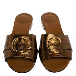 Pre Owned Chloe Golden Leather C Logo Flat Slides Size 36