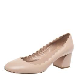 Pre Owned Chloe Beige Leather Lauren Scallop Trim Block Heel Pumps Size 34.5