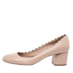 Pre Owned Chloe Beige Leather Lauren Scallop Trim Block Heel Pumps Size 34.5