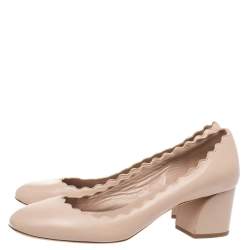 Pre Owned Chloe Beige Leather Lauren Scallop Trim Block Heel Pumps Size 34.5