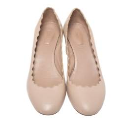 Pre Owned Chloe Beige Leather Lauren Scallop Trim Block Heel Pumps Size 34.5