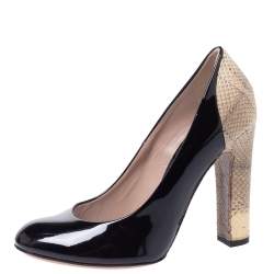 Chloe Black/Beige Patent Leather and Lizard Embossed Leather Block Heel Pumps Size 36