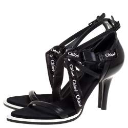 Chloe Black Leather and Canvas Strappy Logo Pointed Toe Sandals Size 40.5