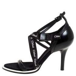 Chloe Black Leather and Canvas Strappy Logo Pointed Toe Sandals Size 40.5