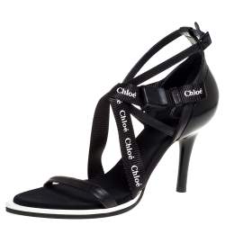 Chloe Black Leather and Canvas Strappy Logo Pointed Toe Sandals Size 40.5