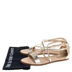 Pre Owned Chloe Gold Python Embossed Leather Strappy Ankle Zipper Flats Size 40