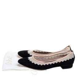 Chloe Black Suede And Mesh Scallop Tulle Ballet Flats Size 36.5