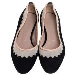 Chloe Black Suede And Mesh Scallop Tulle Ballet Flats Size 36.5