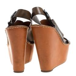 Pre Owned Chloe Olive Green Leather Wedge Platform Sandals Size 39