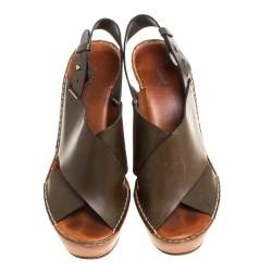 Pre Owned Chloe Olive Green Leather Wedge Platform Sandals Size 39