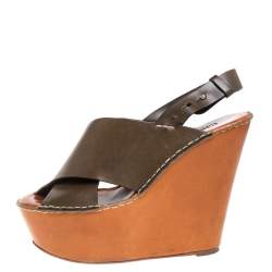 Pre Owned Chloe Olive Green Leather Wedge Platform Sandals Size 39