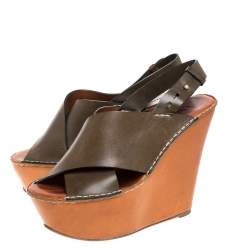 Pre Owned Chloe Olive Green Leather Wedge Platform Sandals Size 39