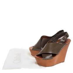 Pre Owned Chloe Olive Green Leather Wedge Platform Sandals Size 39
