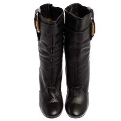 Pre Owned Chloe Black Leather Mid-Calf Buckle Boots Size 38