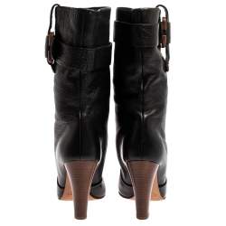 Pre Owned Chloe Black Leather Mid-Calf Buckle Boots Size 38