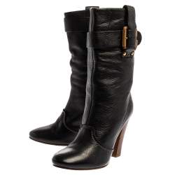 Pre Owned Chloe Black Leather Mid-Calf Buckle Boots Size 38