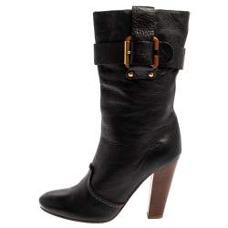 Pre Owned Chloe Black Leather Mid-Calf Buckle Boots Size 38