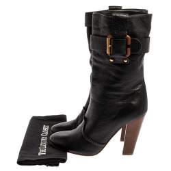 Pre Owned Chloe Black Leather Mid-Calf Buckle Boots Size 38