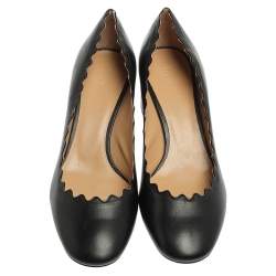 Pre Owned Chloe Black Leather Lauren Scallop Trim Block Heel Pumps Size 37