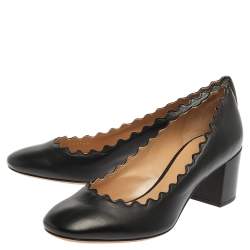 Pre Owned Chloe Black Leather Lauren Scallop Trim Block Heel Pumps Size 37