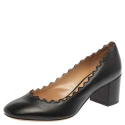 Pre Owned Chloe Black Leather Lauren Scallop Trim Block Heel Pumps Size 37