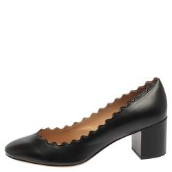 Pre Owned Chloe Black Leather Lauren Scallop Trim Block Heel Pumps Size 37