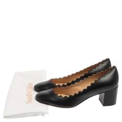Pre Owned Chloe Black Leather Lauren Scallop Trim Block Heel Pumps Size 37