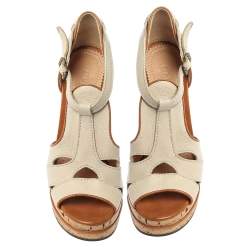 Pre Owned Chloe Off White Leather Shirley Cork Wedge Sandals Size 36.5