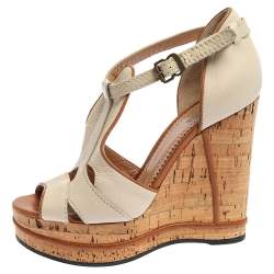 Pre Owned Chloe Off White Leather Shirley Cork Wedge Sandals Size 36.5