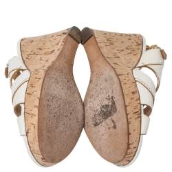 Chloe White Leather Cork Wedge Platform Slingback Sandals Size 36.5