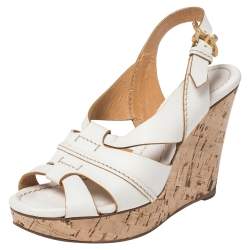 Chloe White Leather Cork Wedge Platform Slingback Sandals Size 36.5