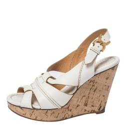 Chloe White Leather Cork Wedge Platform Slingback Sandals Size 36.5