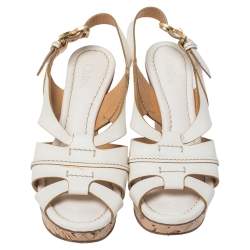 Chloe White Leather Cork Wedge Platform Slingback Sandals Size 36.5