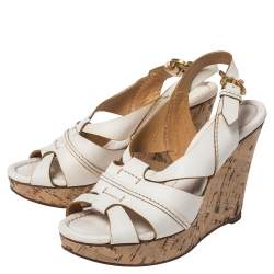 Chloe White Leather Cork Wedge Platform Slingback Sandals Size 36.5