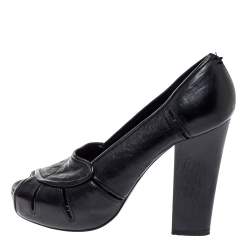 Pre Owned Chloe Black Leather Block Heel Peep Toe Platform Pumps Size 38.5