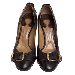 Pre Owned Chloe Brown Leather Buckle Detail Round Toe Block Heel Pumps Size 39