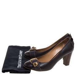 Pre Owned Chloe Brown Leather Buckle Detail Round Toe Block Heel Pumps Size 39