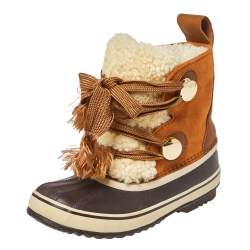 مملوكة مسبقًا حذاء بوت كاحل كلوى أربطة قطيفة وجلد سويدى بنى / بيج مقاس 37.5