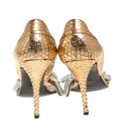 Pre Owned Chloe Metallic Gold Python Leather Embellished Bow Sandals Size 39.5