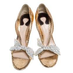 Pre Owned Chloe Metallic Gold Python Leather Embellished Bow Sandals Size 39.5