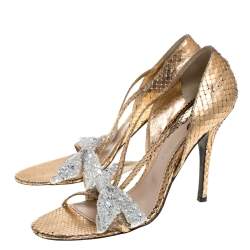 Pre Owned Chloe Metallic Gold Python Leather Embellished Bow Sandals Size 39.5