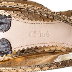 Pre Owned Chloe Metallic Gold Python Leather Embellished Bow Sandals Size 39.5