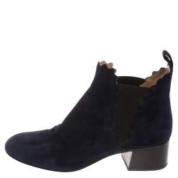 Pre Owned Chloe Navy Blue Suede Lauren Block Heels Ankle Boots Size 38